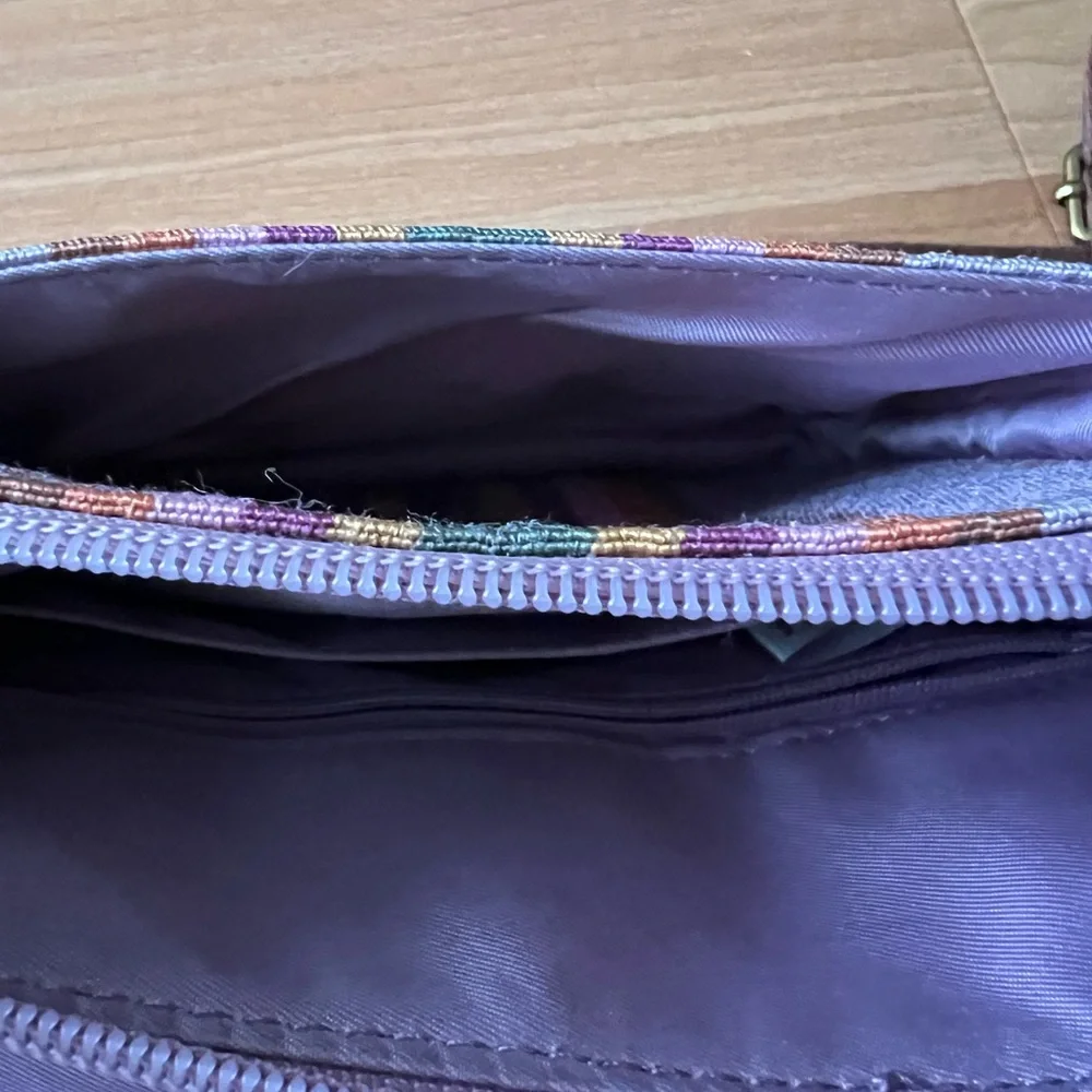 Fossil Leather & Stripe Canvas Crossbody Bag Brown Multicolor